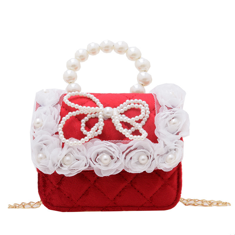 New autumn and winter children's princess bag, red small square bag, girls' chain single-shoulder crossbody bag, pearl hand-held coin purse Item Picture