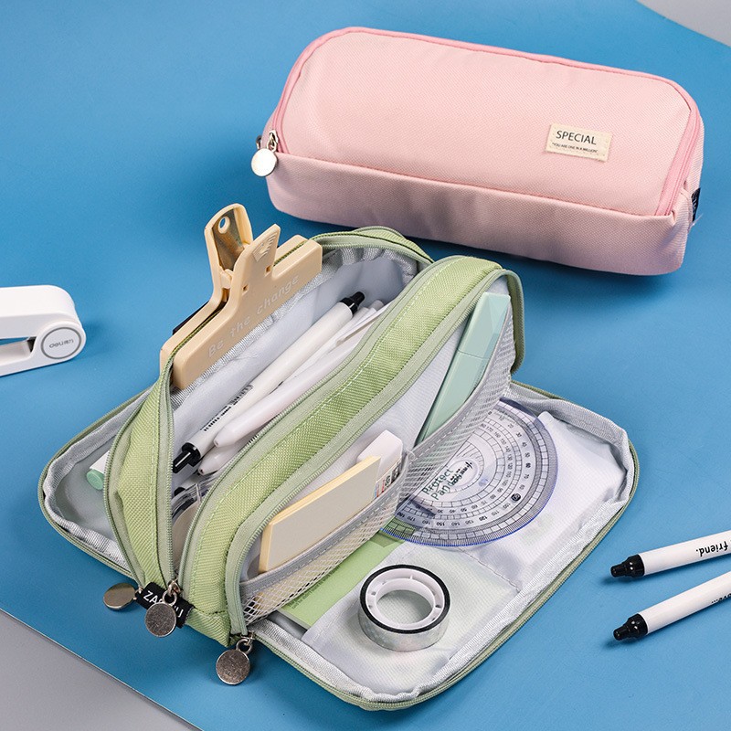Wholesale of cross-border Korean version large-capacity pen cases, three-dimensional square stationery bags, student macaron-colored double-window pencil cases full figure