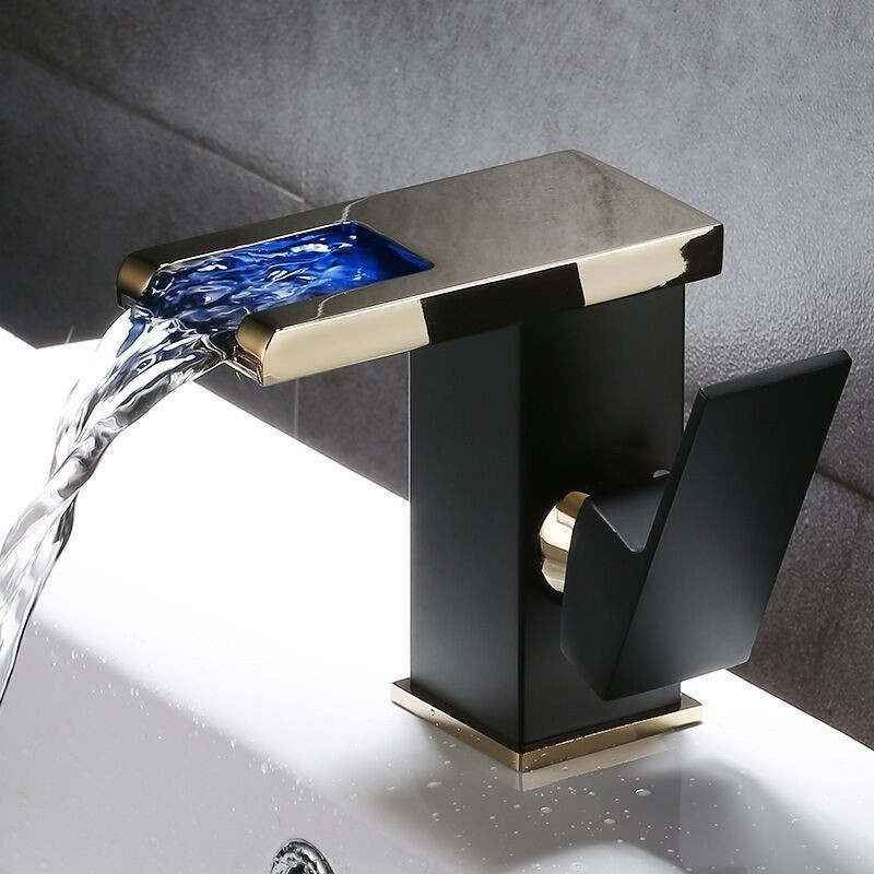 Black and gold faucet, bathroom cabinet, hand washing basin, waterfall, cold and hot LED temperature sensing, color change and light emission full figure