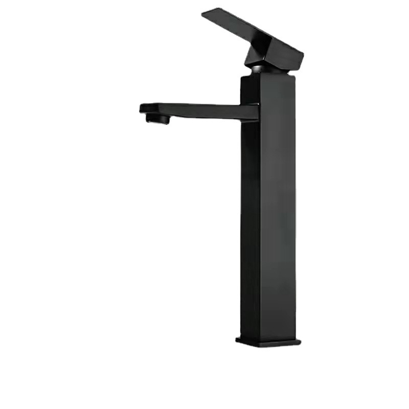 Stainless steel black washbasin faucet, cold and hot European-style baked paint bathroom, square high single-hole washbasin faucet Item Picture