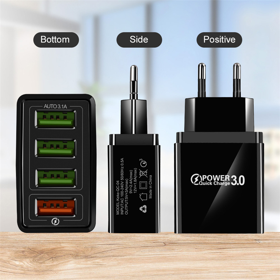 QC3.0 fast charging 4USB multi-port new travel charger, US and European standard fast charging qc3.0 5V/9V/12V Specification drawing
