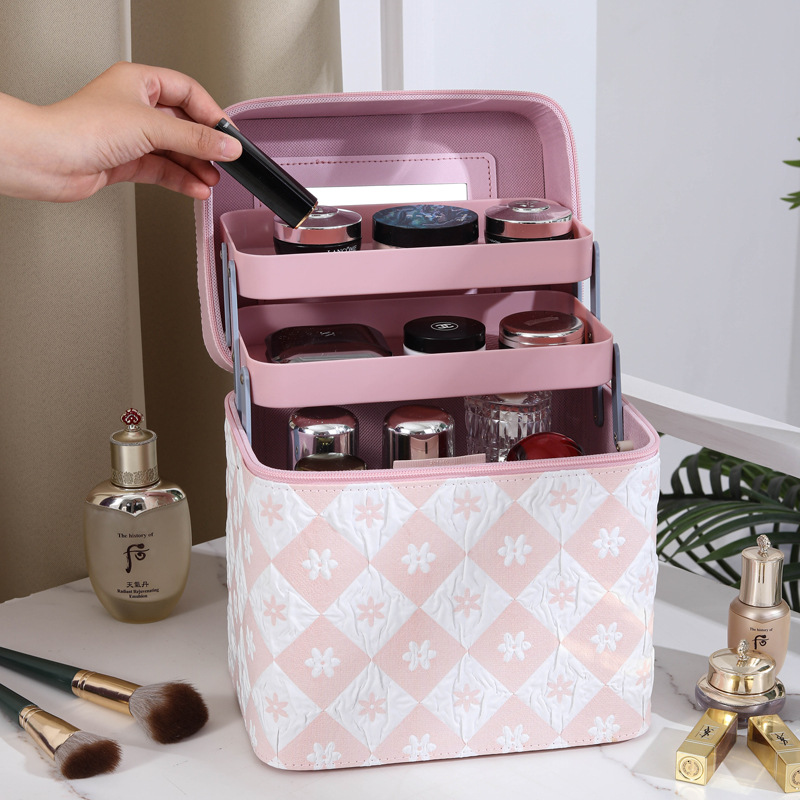 Ins-style makeup bag, large-capacity portable travel cosmetics storage bag, hand-held with mirror, square makeup box details Picture