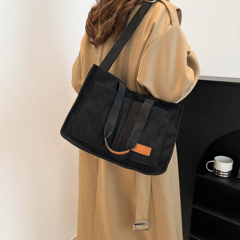 Tote bag, women's large-capacity fashionable corduroy single-shoulder bag, casual retro simple handbag, crossbody bag, commuting bag Specification drawing