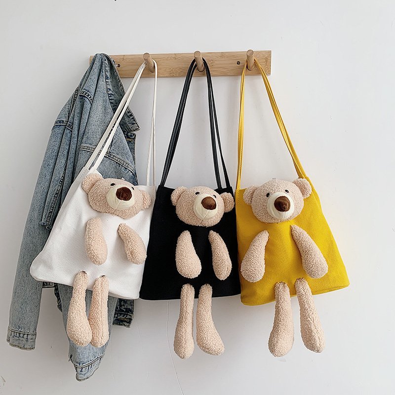Korean Instagram canvas bag, a trendy and cute single-shoulder bag for girls in 2020, a student hand-held shopping bag with a little bear Specification drawing