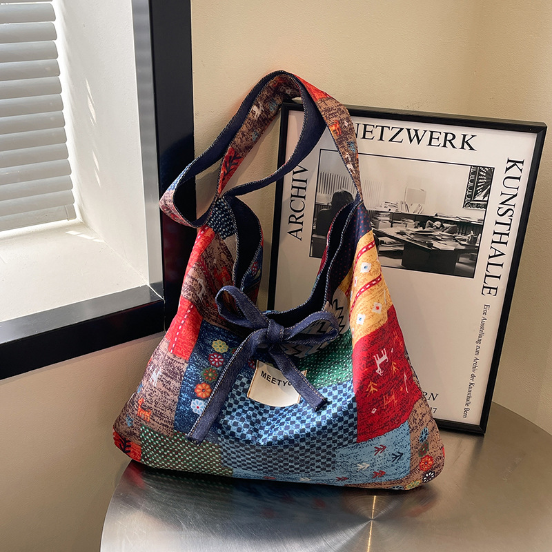 Spring 2025 new ethnic style dual-purpose denim patchwork bag, ethnic style patchwork bag, Bohemian single-shoulder bag full figure