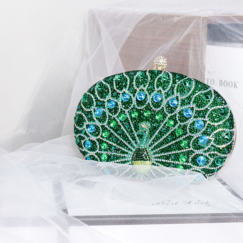 New peacock diamond-encrusted evening bag, cross-border European and American retro style pair bag, black high-end evening dress bag Item Picture