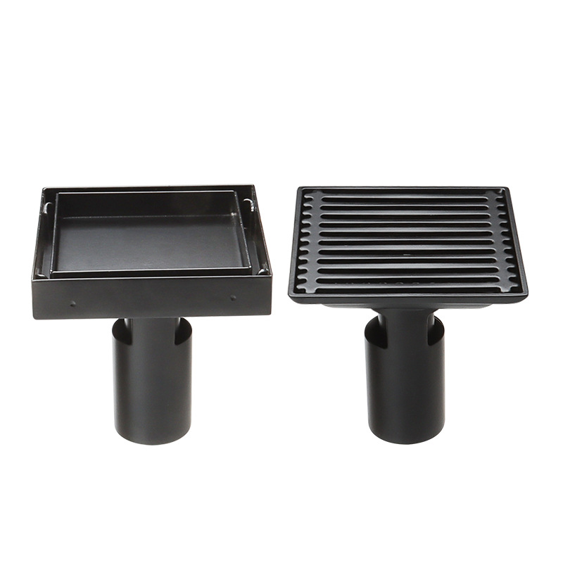 Stainless steel black floor drain, bathroom shower, anti-odor and anti-clogging, long strip shape, kitchen and bathroom, square inlaid tiles, washing machine Item Picture