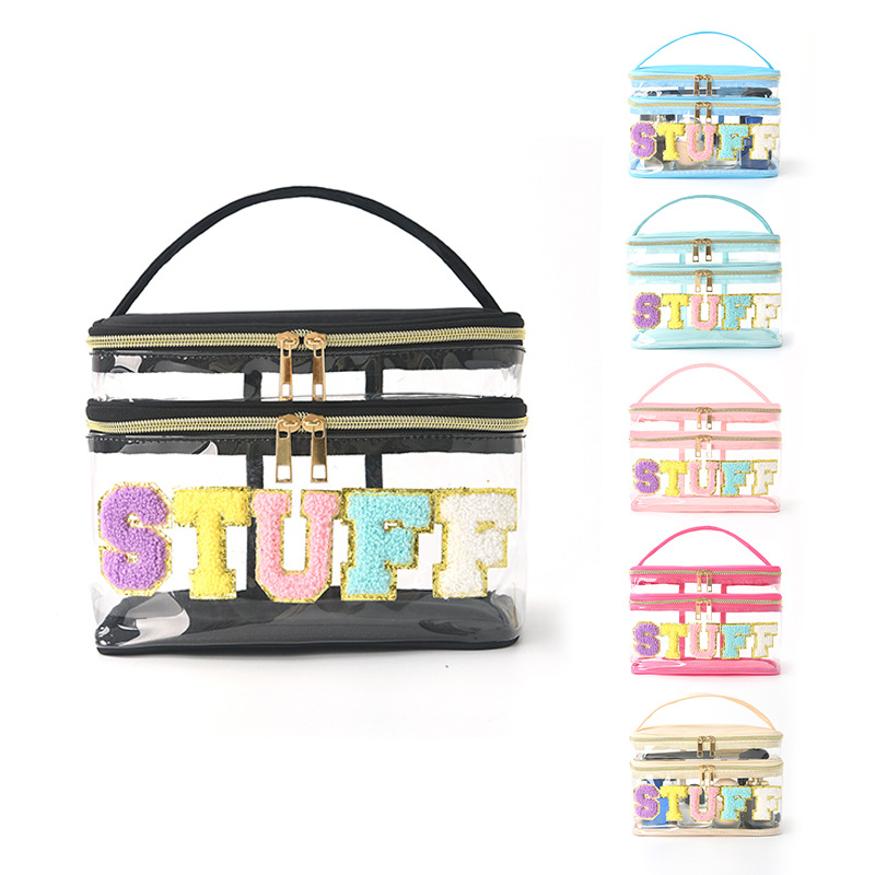 Amazon embroidery storage bag, PVC transparent double-layer letter cosmetic bag, travel toiletry bag, large capacity cosmetic bag full figure