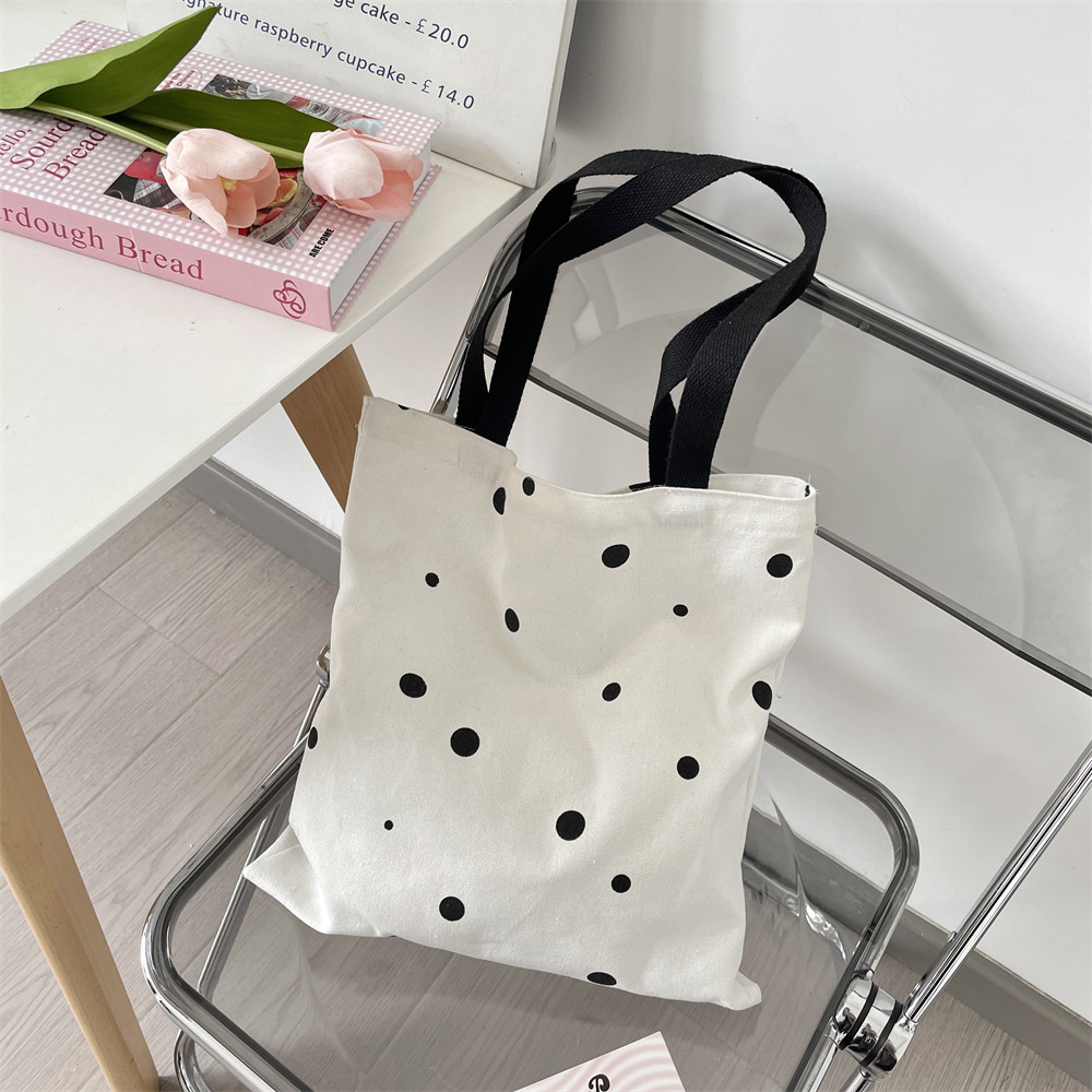 55271 Printed polka dot canvas bag, large-capacity single-shoulder bag, simple student schoolbag, open canvas bag details Picture