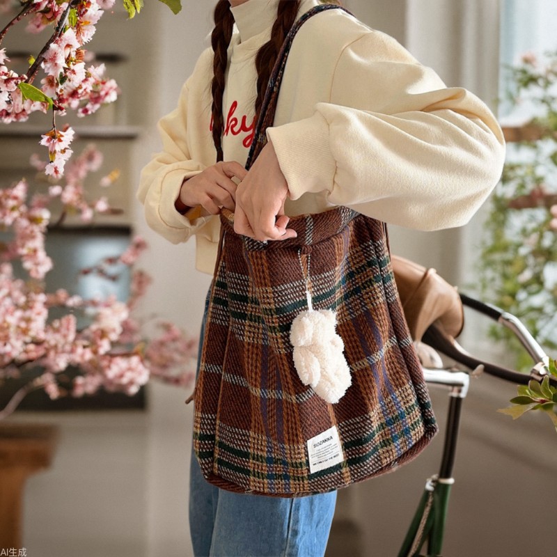 311281 Korean-style college style woolen checkered drawstring backpack, crossbody bag, large-capacity shopping single-shoulder bag for girls full figure