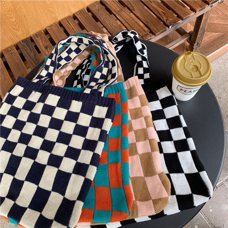 110281 knitted checkered bag for women, new autumn and winter casual tote bag, large capacity hand-held canvas bag, ins full figure
