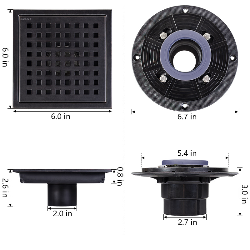 Cross-border Amazon stainless steel floor drain, American-style anti-odor bathroom balcony floor drain with flange grid mesh, invisible floor drain Specification drawing