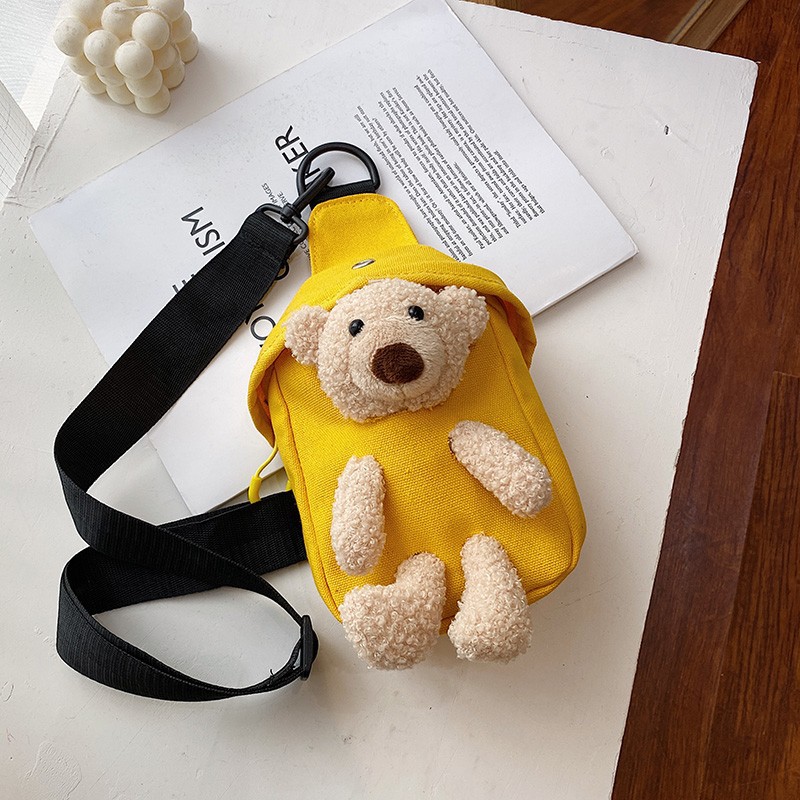 2024 New trendy and cute little bag, bear canvas waist bag, women's trendy single-shoulder cartoon ins crossbody bag details Picture