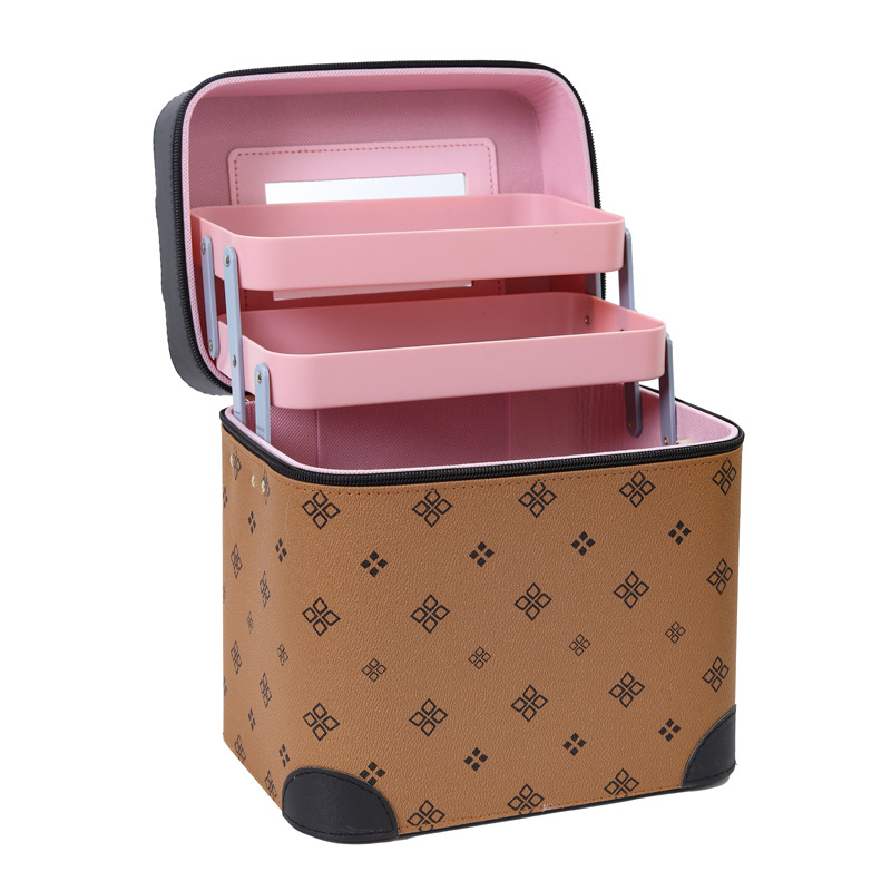 Cross-border makeup bag for women, multi-layer portable, large-capacity, elegant cosmetics, hand-held, high-end storage box with mirror Item Picture