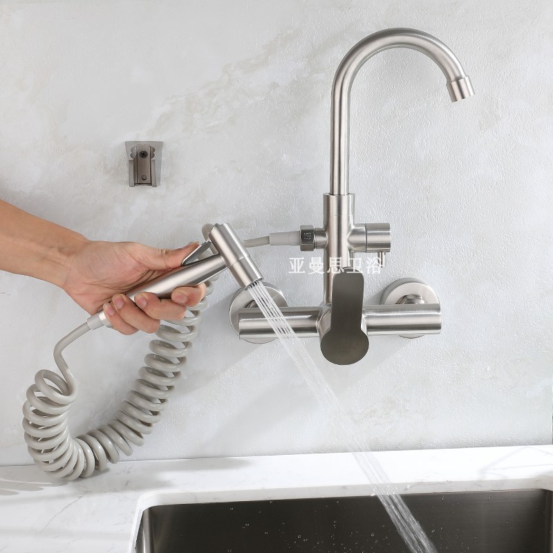 Wall-mounted cold faucet, kitchen sink, balcony laundry basin, 304 stainless steel pull-out belt with spray gun sink Specification drawing