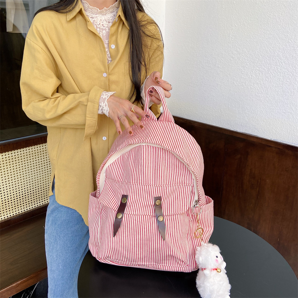 01042 Student casual backpack, simple color-blocking striped canvas bag, versatile large-capacity bag, travel backpack details Picture