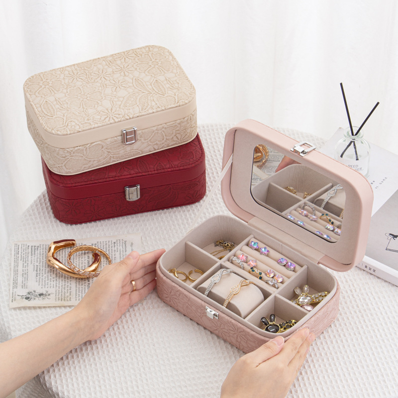 Jewelry box, fashionable European-style earrings, necklace, ring storage box, multi-functional portable accessory box with mirror full figure