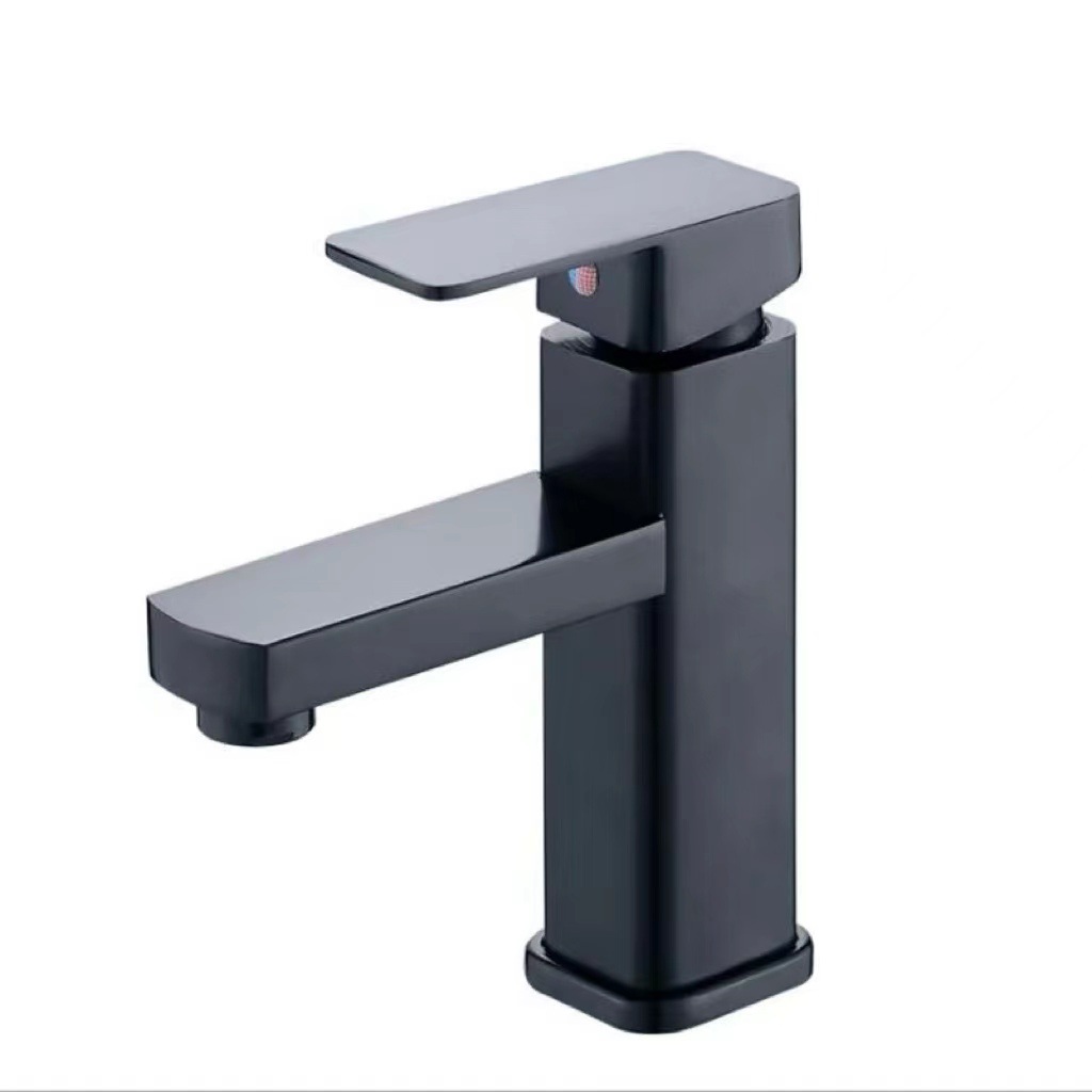 Copper core bottom basin faucet, black square single-hole basin faucet, countertop basin, stainless steel hot and cold water faucet Item Picture