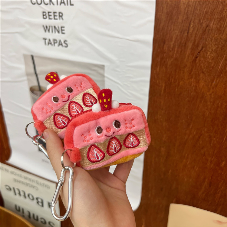 Ins-style girlish pink strawberry cake coin purse, plush headphones, storage bag, keychain pendant details Picture