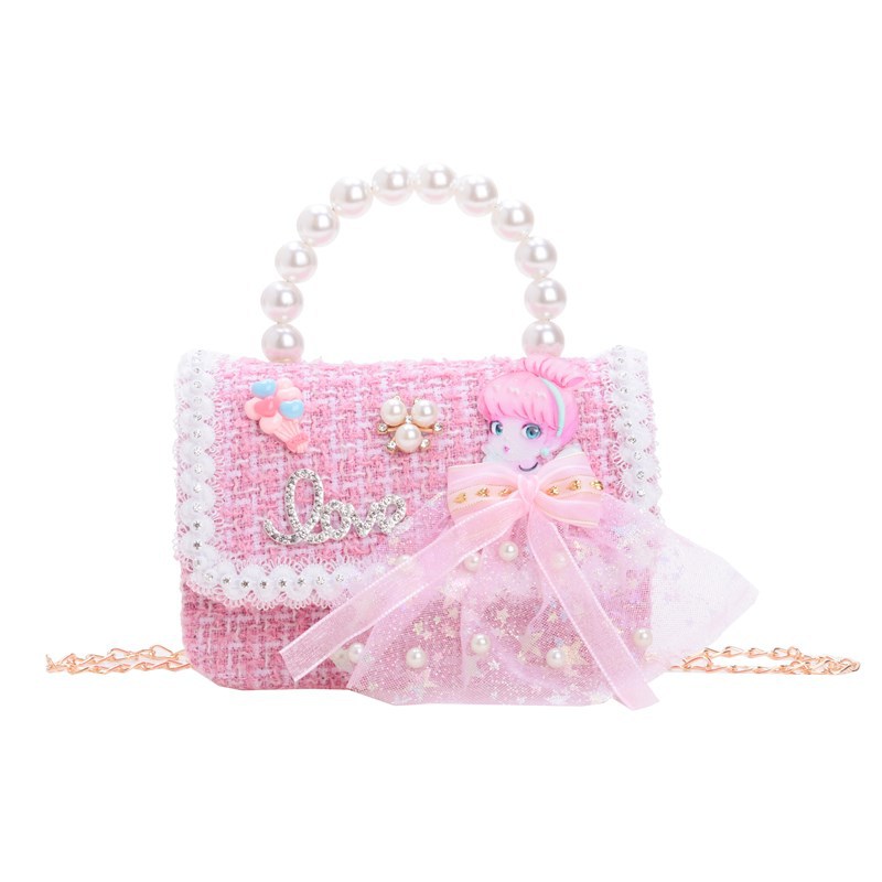 Children's accessory bags, summer fashion crossbody bags, girls' pearl hand-held princess bags, small chanel-style coin purifiers wholesale Item Picture