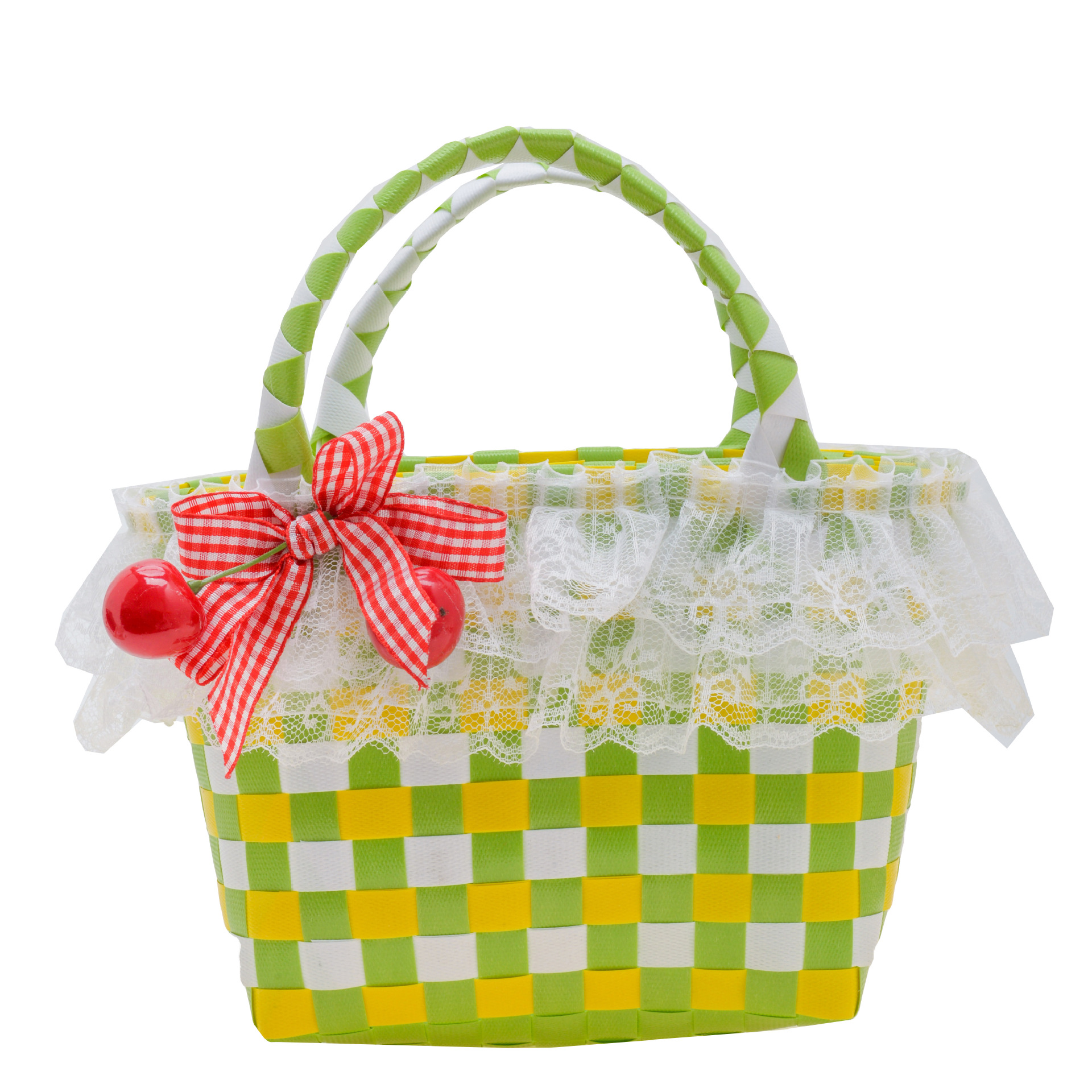 PVC girl's heart woven colorful checkered color-blocking bow lace fringed girl's candy-colored hand-held basket bag details Picture