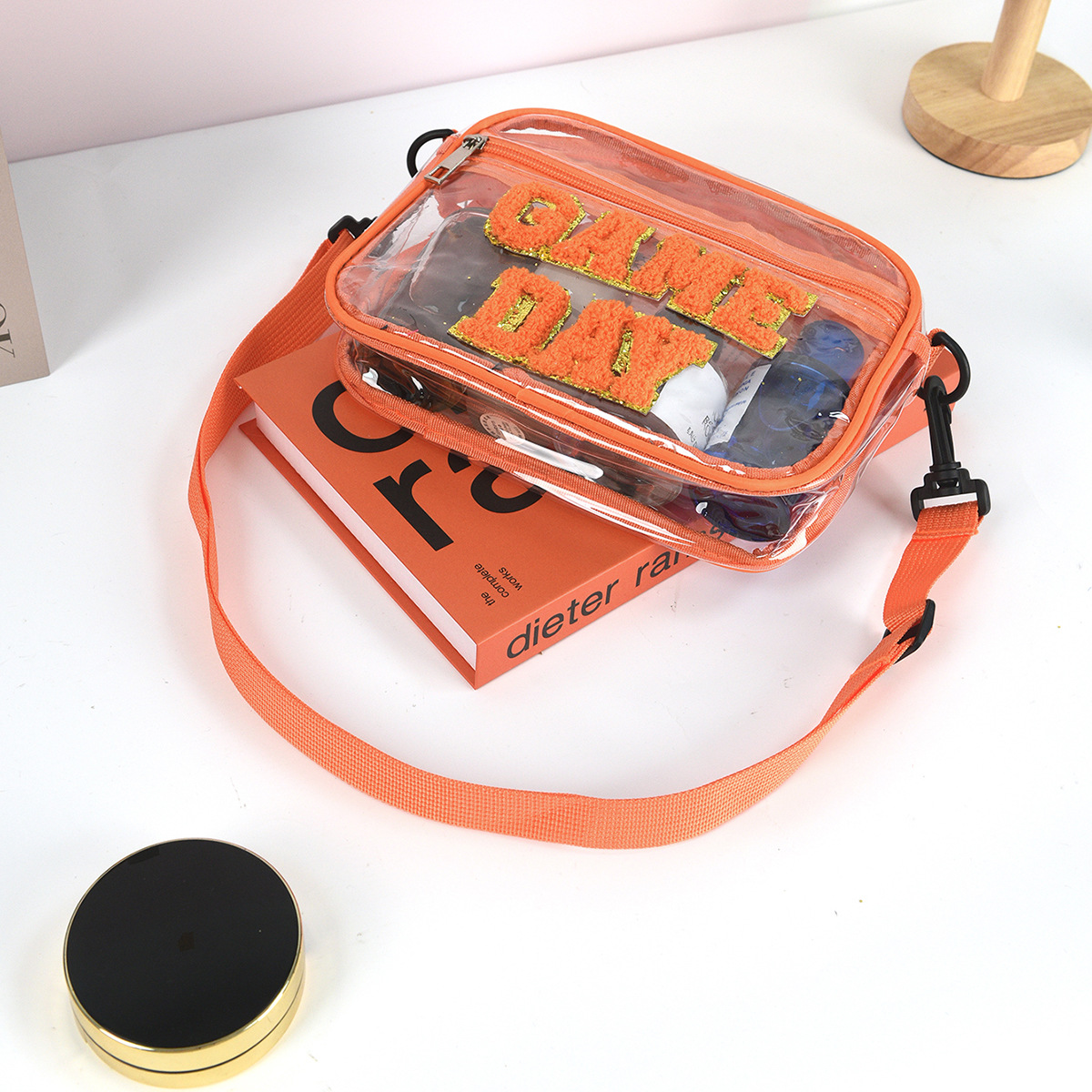 Cross-border embroidered letter crossbody bag, transparent PVC single-shoulder small square bag, travel portable cosmetics and toiletries storage bag details Picture