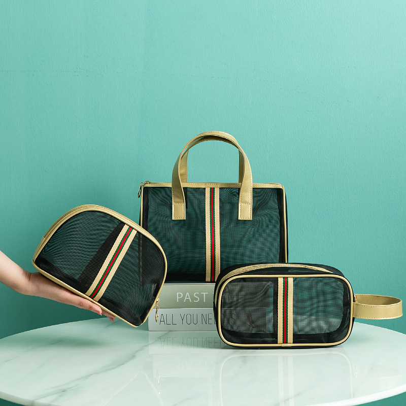 Hot-selling mesh handbag, toiletries, makeup, travel storage bag, transparent bath and swimming bag, mesh breathable three-piece set full figure