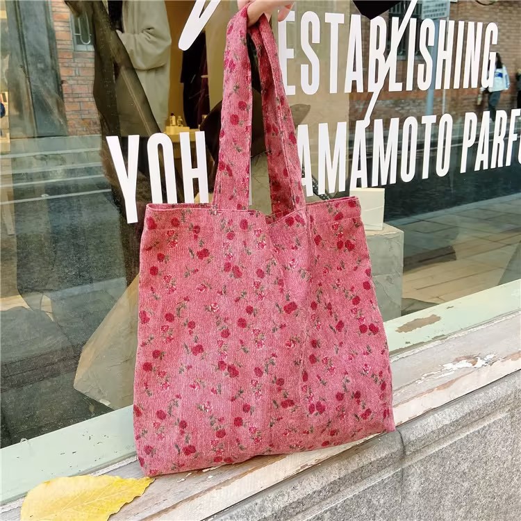 0133 ins Pink Rose Artistic Retro single-shoulder bag for Women, simple corduroy student cloth bag, large capacity tote bag Item Picture