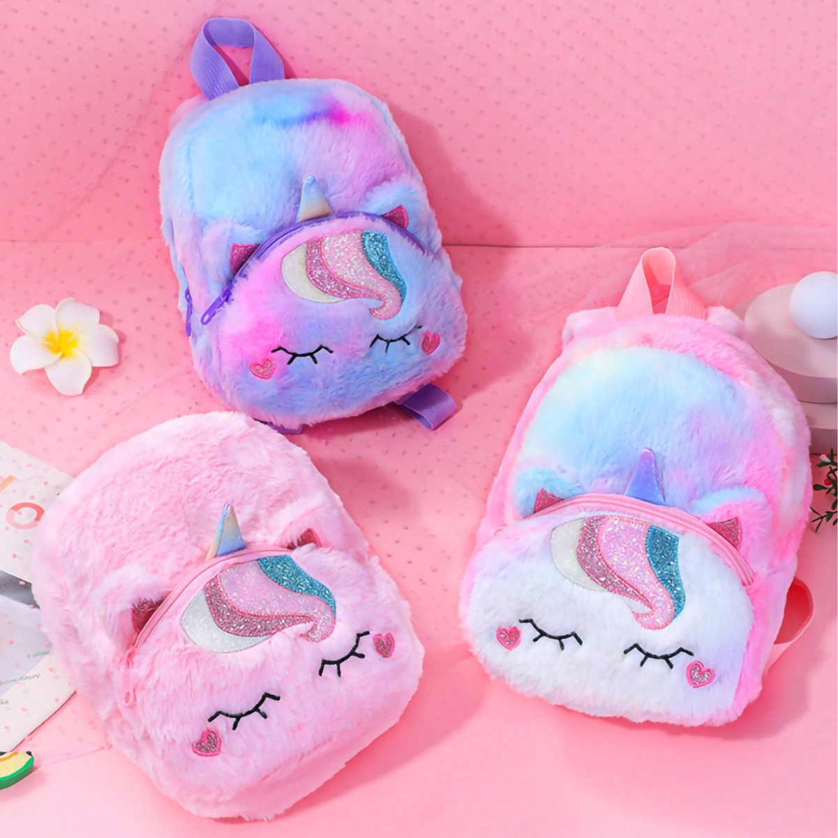 New cross-border plush unicorn cartoon children's backpack, shoulder bag, crossbody bag, cute girls' small backpack and school bag details Picture