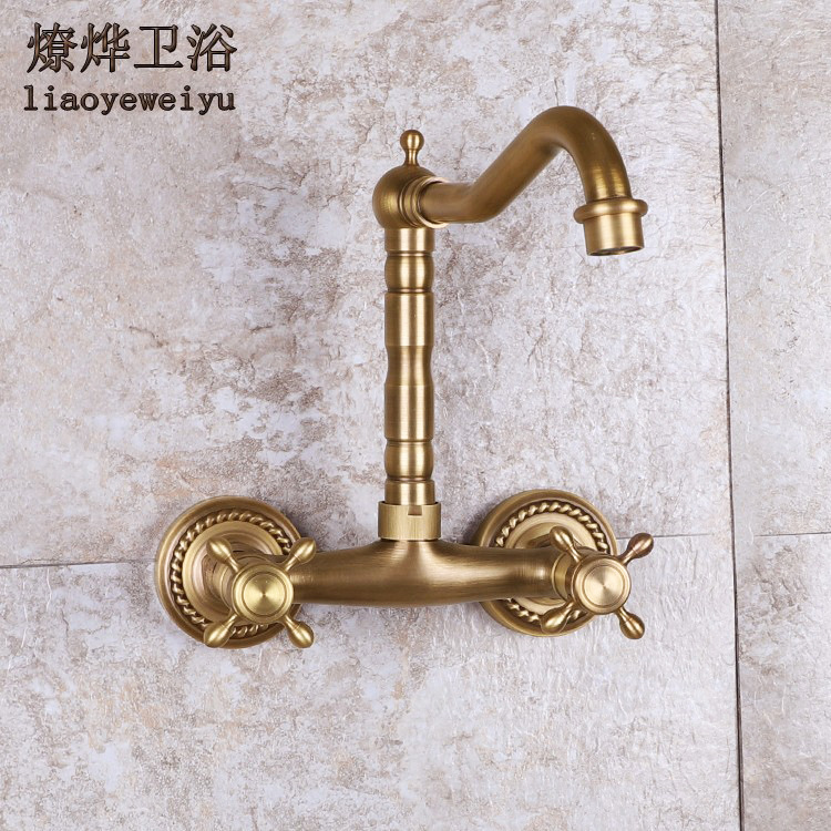 European-style all-copper cold and hot water sink, wall-mounted faucet, kitchen antique cold and hot five-way double-handle faucet, rotatable full figure