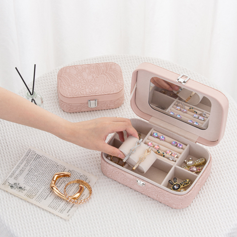 Jewelry box, fashionable European-style earrings, necklace, ring storage box, multi-functional portable accessory box with mirror Specification drawing