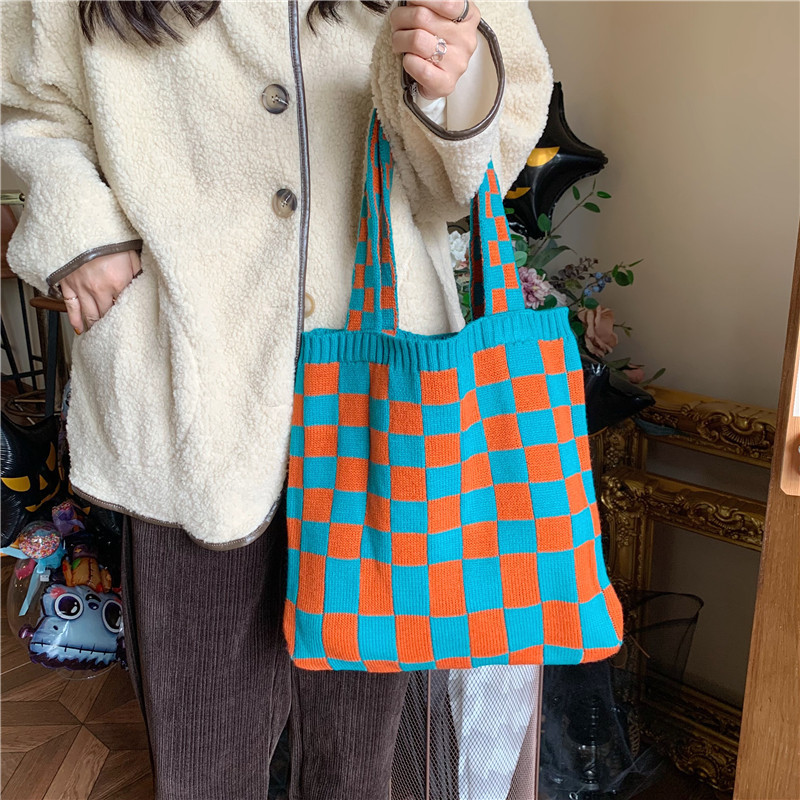 110281 knitted checkered bag for women, new autumn and winter casual tote bag, large capacity hand-held canvas bag, ins Specification drawing