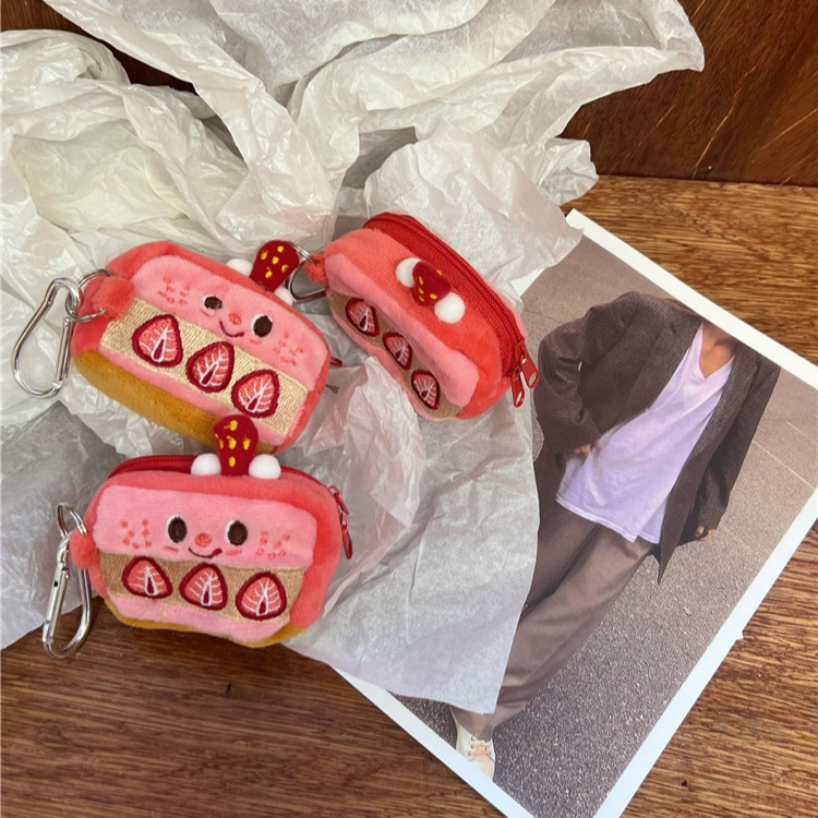 Ins-style girlish pink strawberry cake coin purse, plush headphones, storage bag, keychain pendant Application Scenario