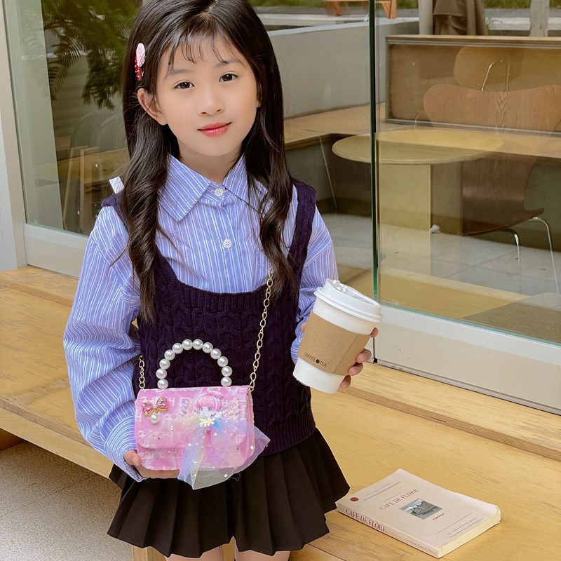 New children's bag, little girl bow pearl single-shoulder crossbody handbag, stylish princess mini coin purse details Picture