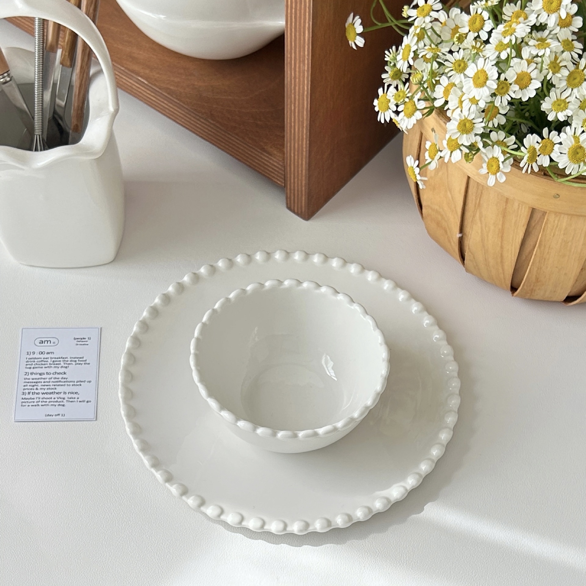 French-style ins beaded white edge ceramic plate creative set tableware dessert Western plate Household rice bowl pastry plate full figure