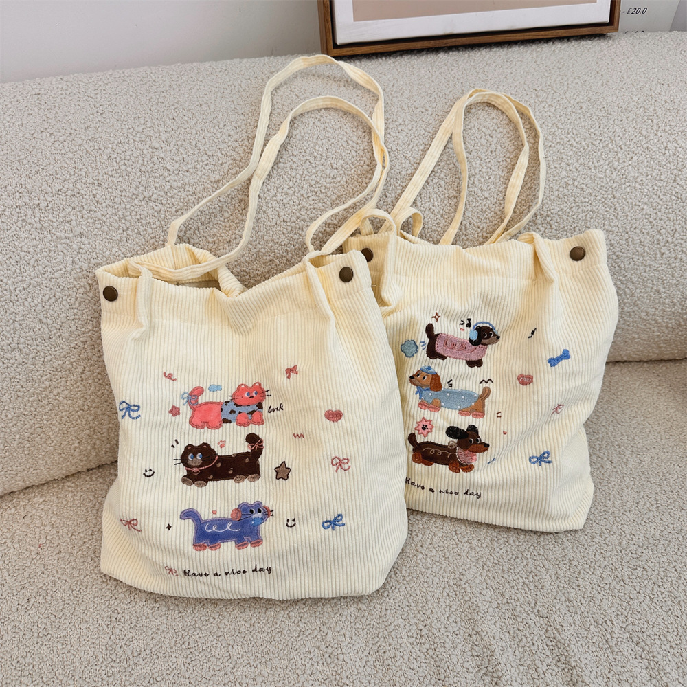 49271 Cute Cartoon Dog embroidered autumn and winter corduroy bag, girls' class bag, large capacity single-shoulder bag for students full figure