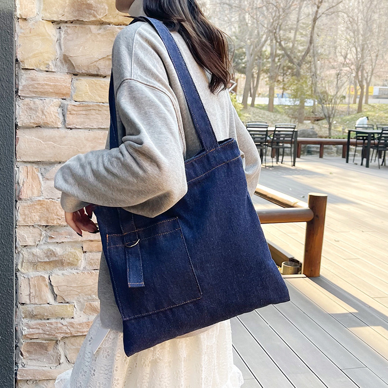Cross-border retro denim bag, women's large-capacity single-shoulder hand-carry shopping bag, niche artistic casual and versatile tote bag Specification drawing