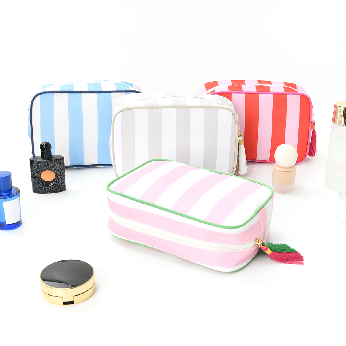 Feihong Cross-border Striped tassel Makeup Bag, large-capacity portable toiletries bag, High appearance level waterproof travel Storage bag full figure