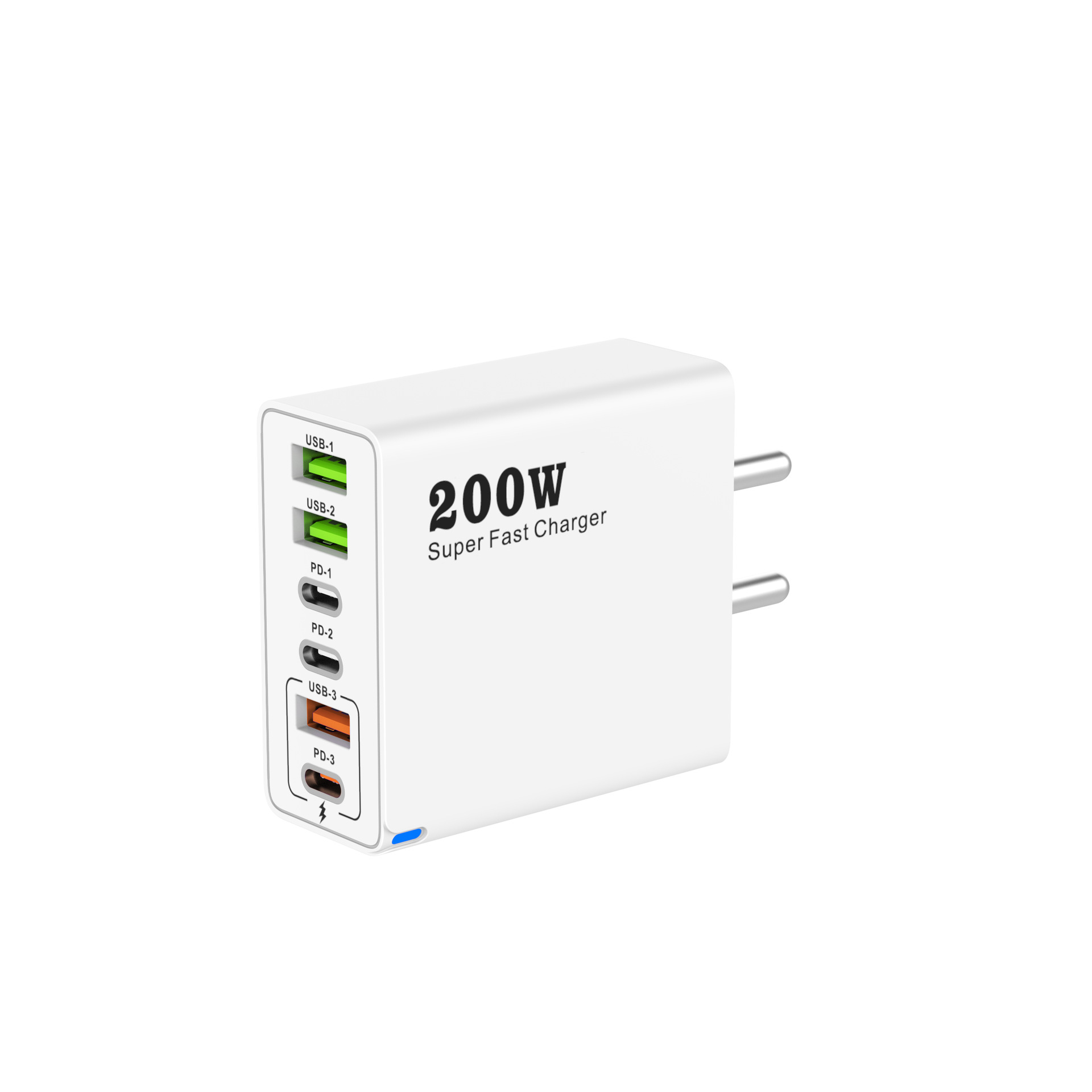 New cross-border 200W multi-port charger, 3USB+3PD mobile phone six-in-one fast charging head, 5V2.4A, European, American and British standards Item Picture