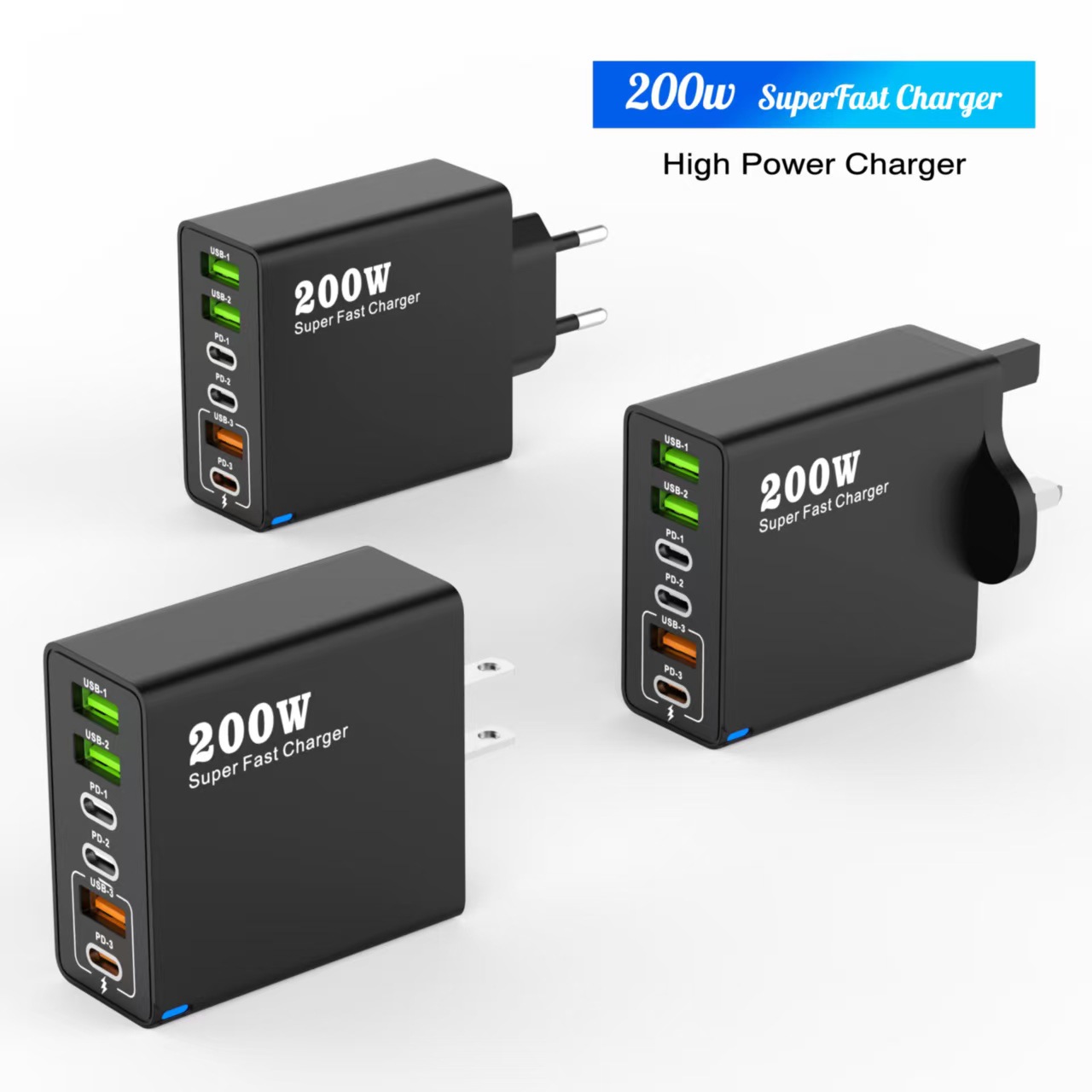 New cross-border 200W multi-port charger, 3USB+3PD mobile phone six-in-one fast charging head, 5V2.4A, European, American and British standards details Picture
