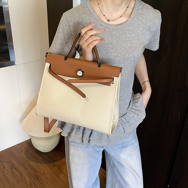 Cross-border high-end handbag 2025 Summer new style large-capacity Kelly bag spliced single-shoulder bag commuting crossbody bag details Picture