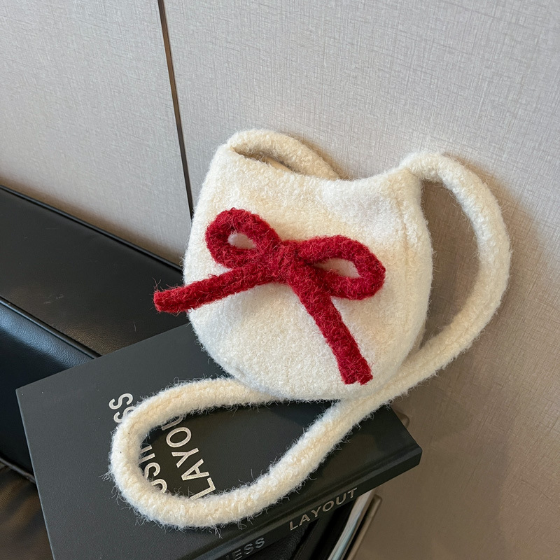 Simple plush bow single-shoulder crossbody bag 2025 new style ins versatile, casual and trendy single-shoulder bag details Picture