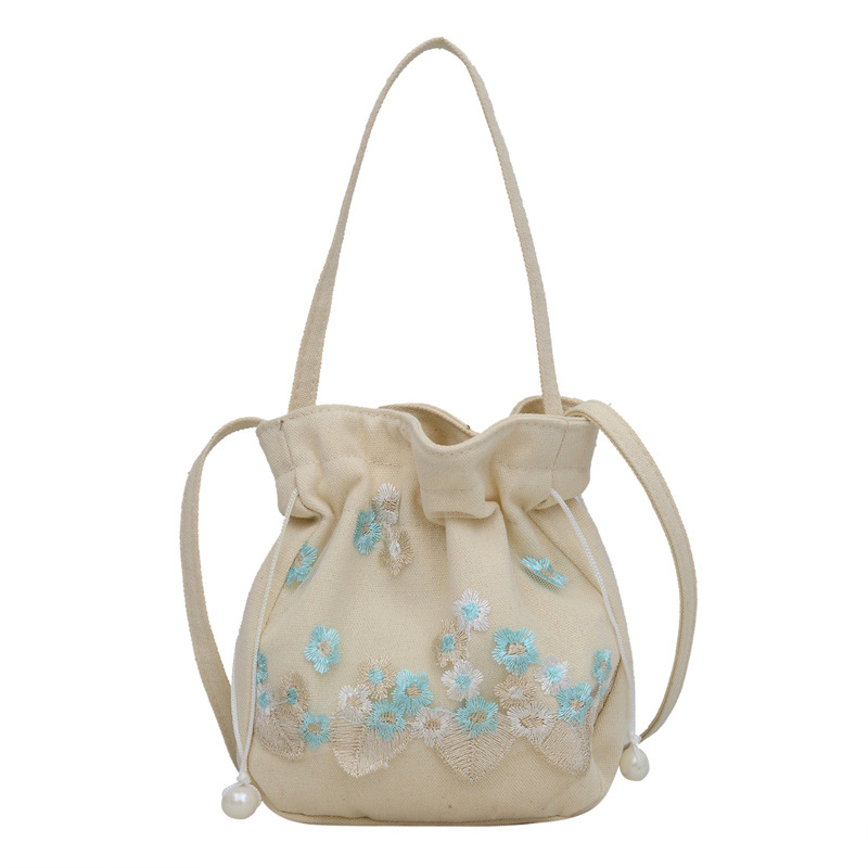 2024 New style simple nylon embroidered flower hand-held commuter bucket bag, Chinese-style single-shoulder crossbody bag Item Picture