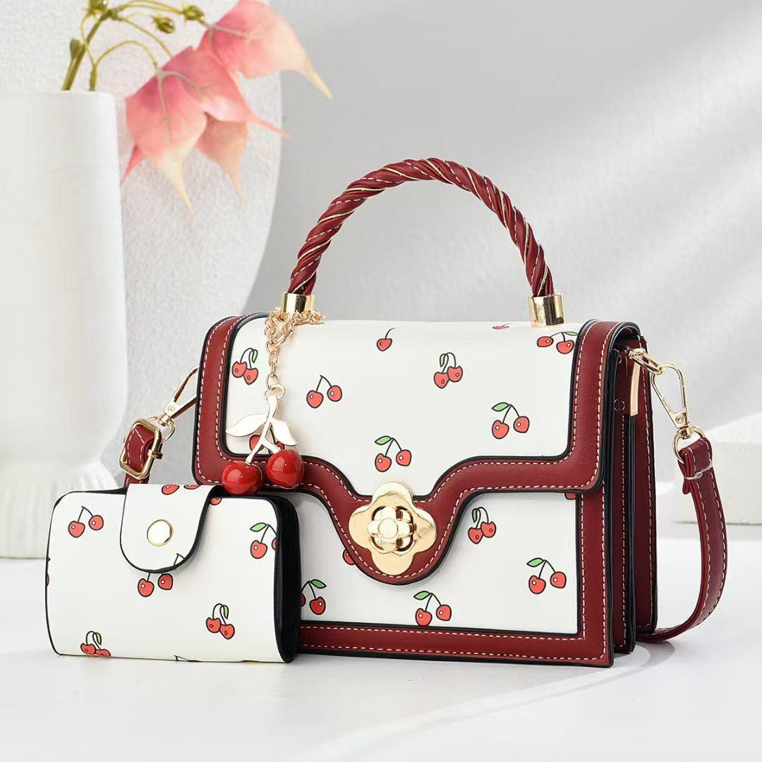 2025 New style small cherry print fashionable handbag, patchwork mother-and-child bag, cross-border single-shoulder bag, versatile and trendy crossbody bag details Picture