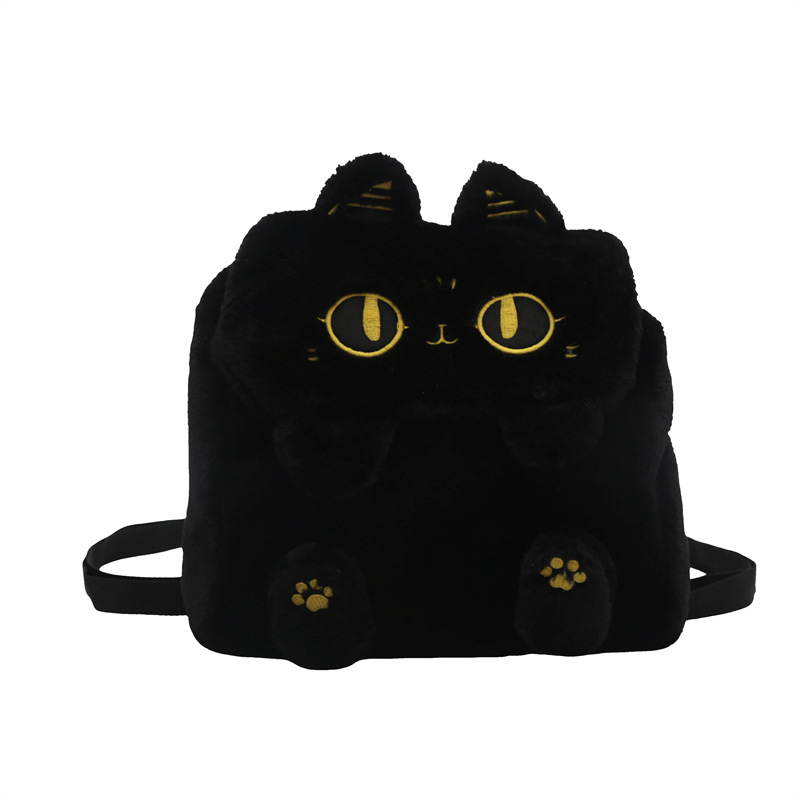 The new cartoon plush black cat double-shoulder crossbody bag 2024 is cute and versatile, a large-capacity crossbody backpack for students Item Picture