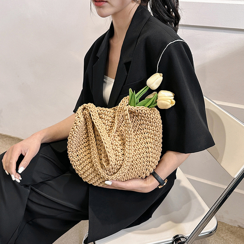 Casual cotton thread woven bag, large-capacity single-shoulder bag, new Korean-style hollowed-out mesh bag, beach vacation bag for women details Picture
