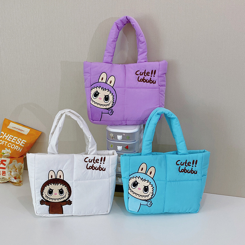Cartoon bubble Mart down fabric hand-held bag, cute cartoon ultra-light single-shoulder tote bag, claw machine doll exchange full figure