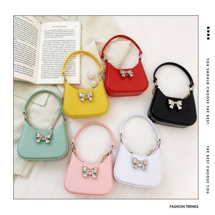 2025 New style jelly bag, bow bag, wandering bag, Moon bag, daily versatile children's bag, single-shoulder crossbody women's bag full figure