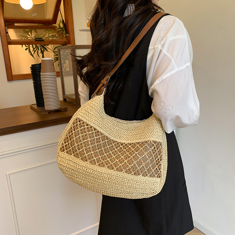 Hollowed-out Seaside Vacation 2025 New Korean-style trendy and versatile straw woven bag, large capacity, simple and casual single-shoulder bag Specification drawing