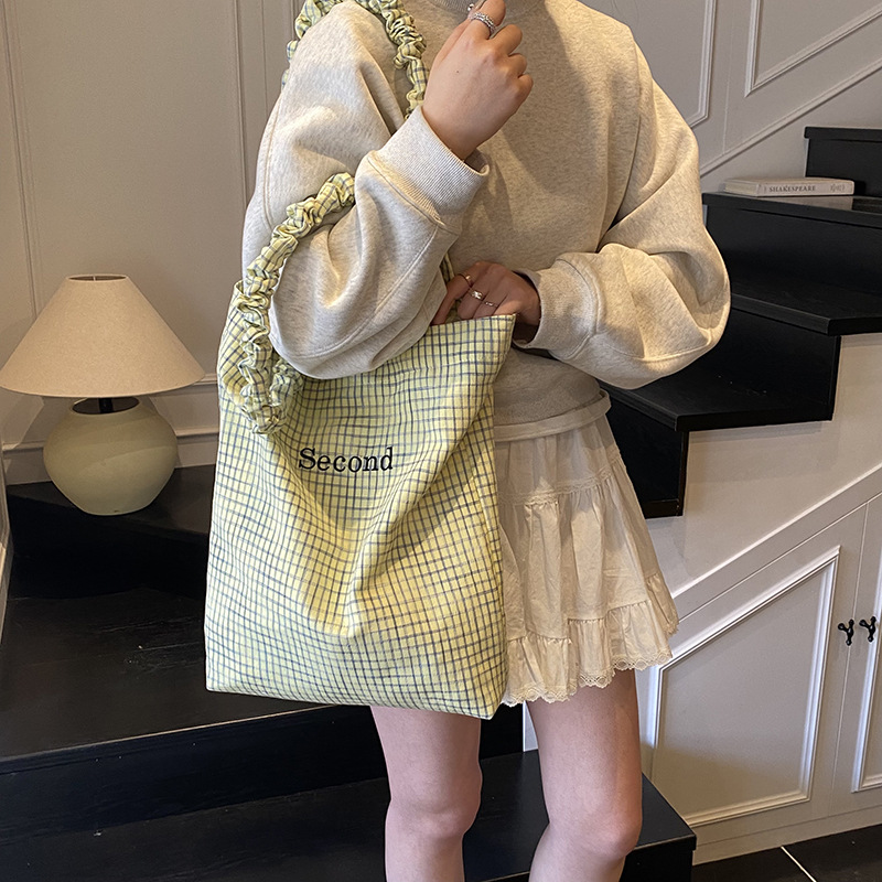Korean sweet and simple canvas bucket bag for women, new Spring/Summer 2025 fashionable and versatile checkered large-capacity single-shoulder bag Specification drawing